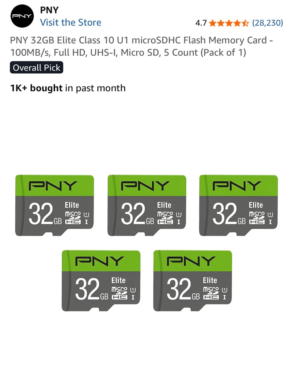 PNY 32GB Elite Class 10 U1 microSDHC Flash Memory Card - 5 Pack